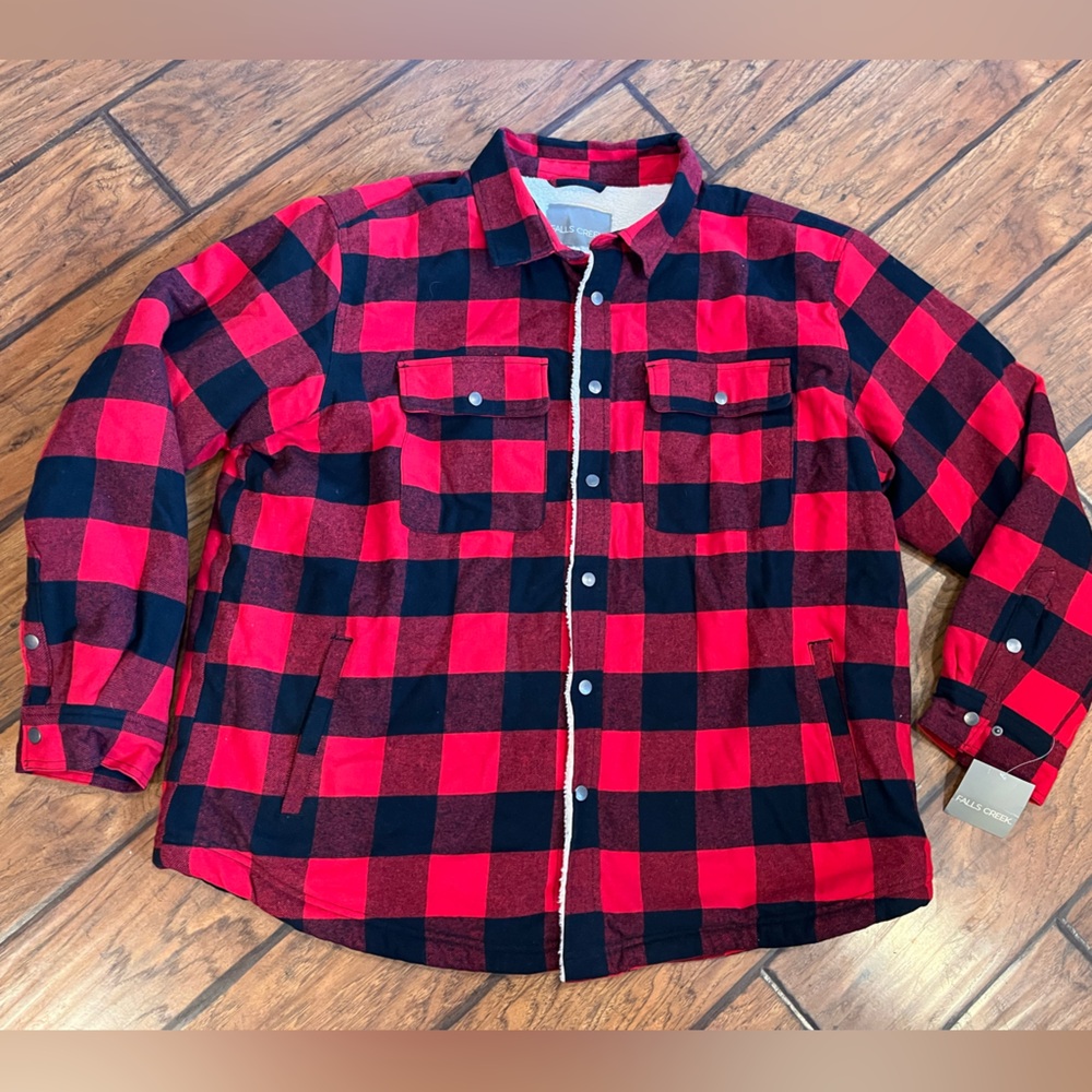 Falls Creek Sherpa Lined Jacket mens XXL red black buffalo plaid button fleece